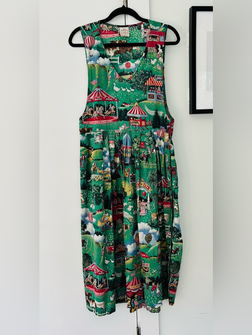 Vintage Pam's Closet county fair print green sleeveless Vneck maxi dress medium